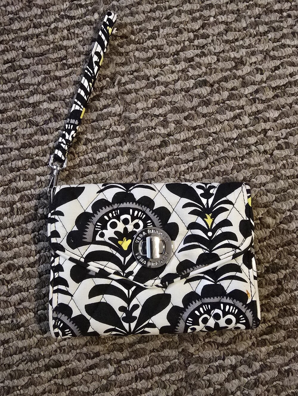 Vera Bradley Black & White Floral Quilted Wristlet with Yellow Accents